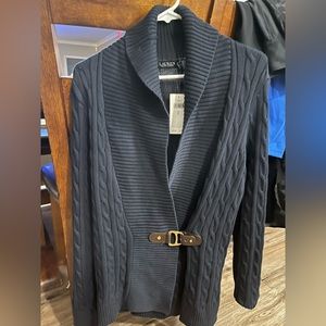 NWT Lauren Ralph Lauren Cable Knit Belt Buckle Cardigan Shawl Jacket Size L